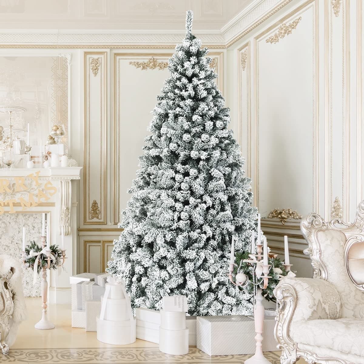 COSTWAY 9 FT Pre-Lit Christmas Tree, Snow Flocked