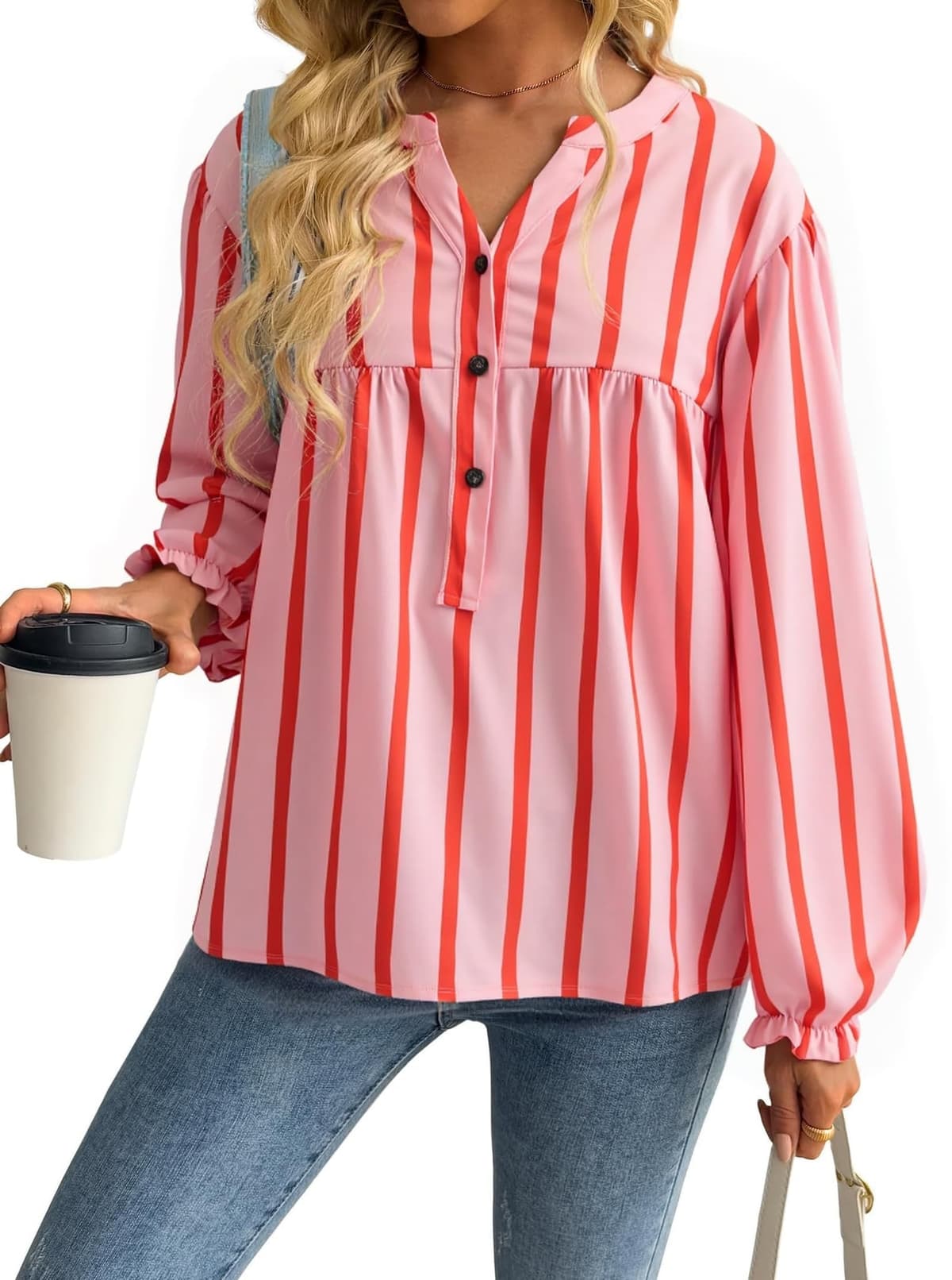 DERAX Women's V Neck Long Sleeve Shirts Pink (2XL)