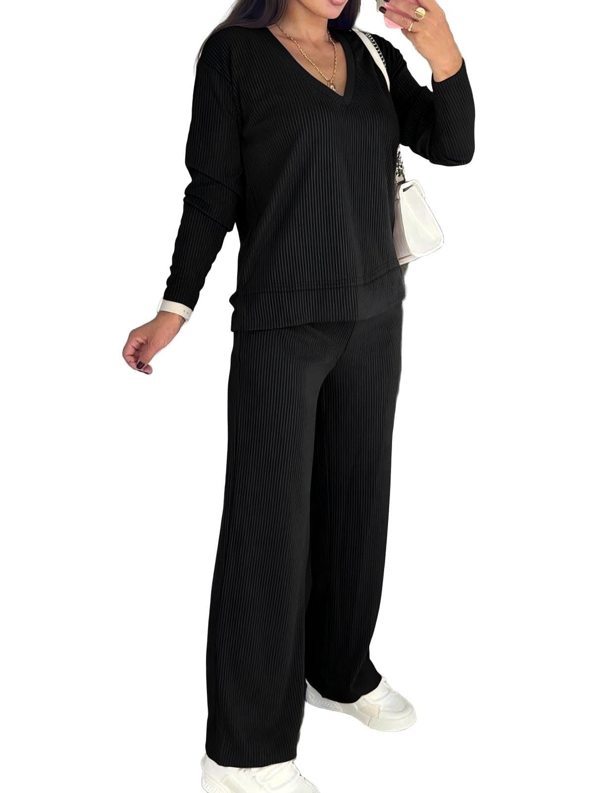 Womens 2 Piece Lounge Sets Long Sleeve Ribbed (L)