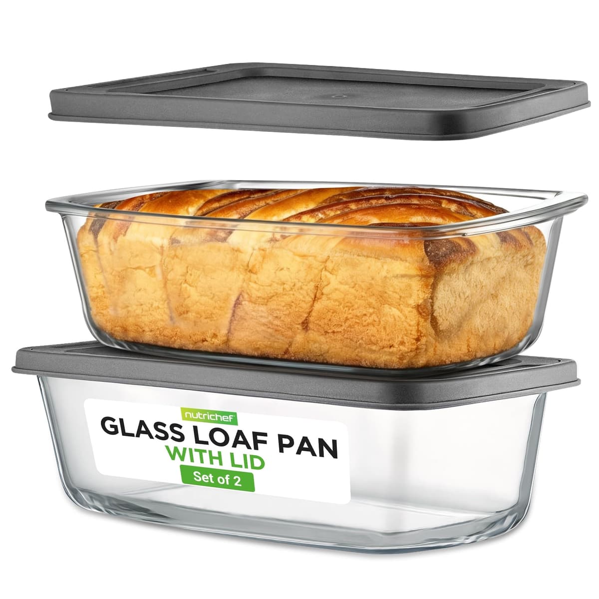 NutriChef 4 Piece Glass Loaf Pan Set with Lids