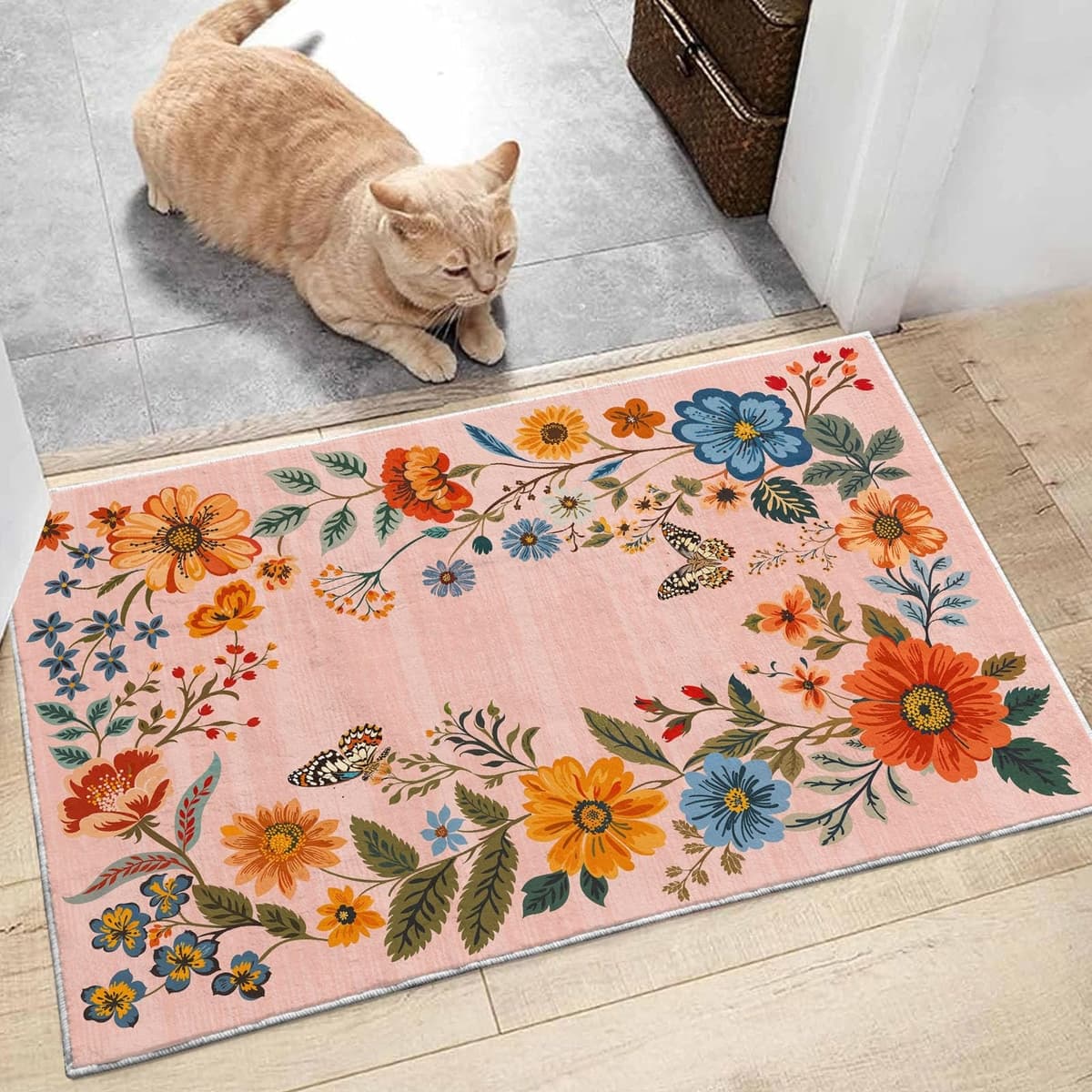 Boho Area Rug Floral Area Rug Non-Slip Low Pile
