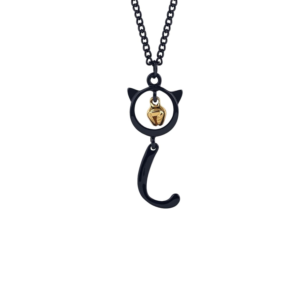 Cute Hollow Out Cat Head Tail Bell Necklace for