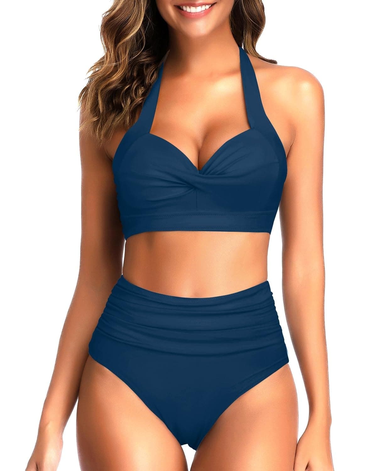 Navy Two Piece Swimsuit High Waisted (M)
